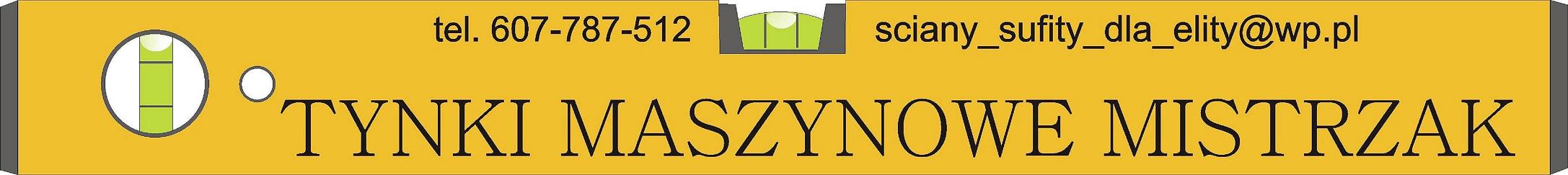 Żółty baner reklamowy z napisem 'TYNKI MASZYNOWE MISTRZAK', numerem telefonu, adresem e-mail i symbolem poziomicy.